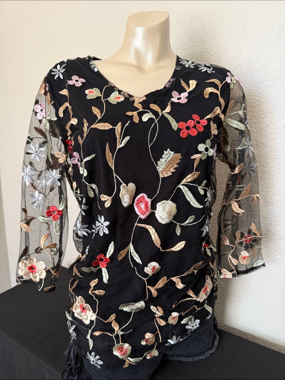 Mechant Black Floral Embroidered Sheer Sleeve Top